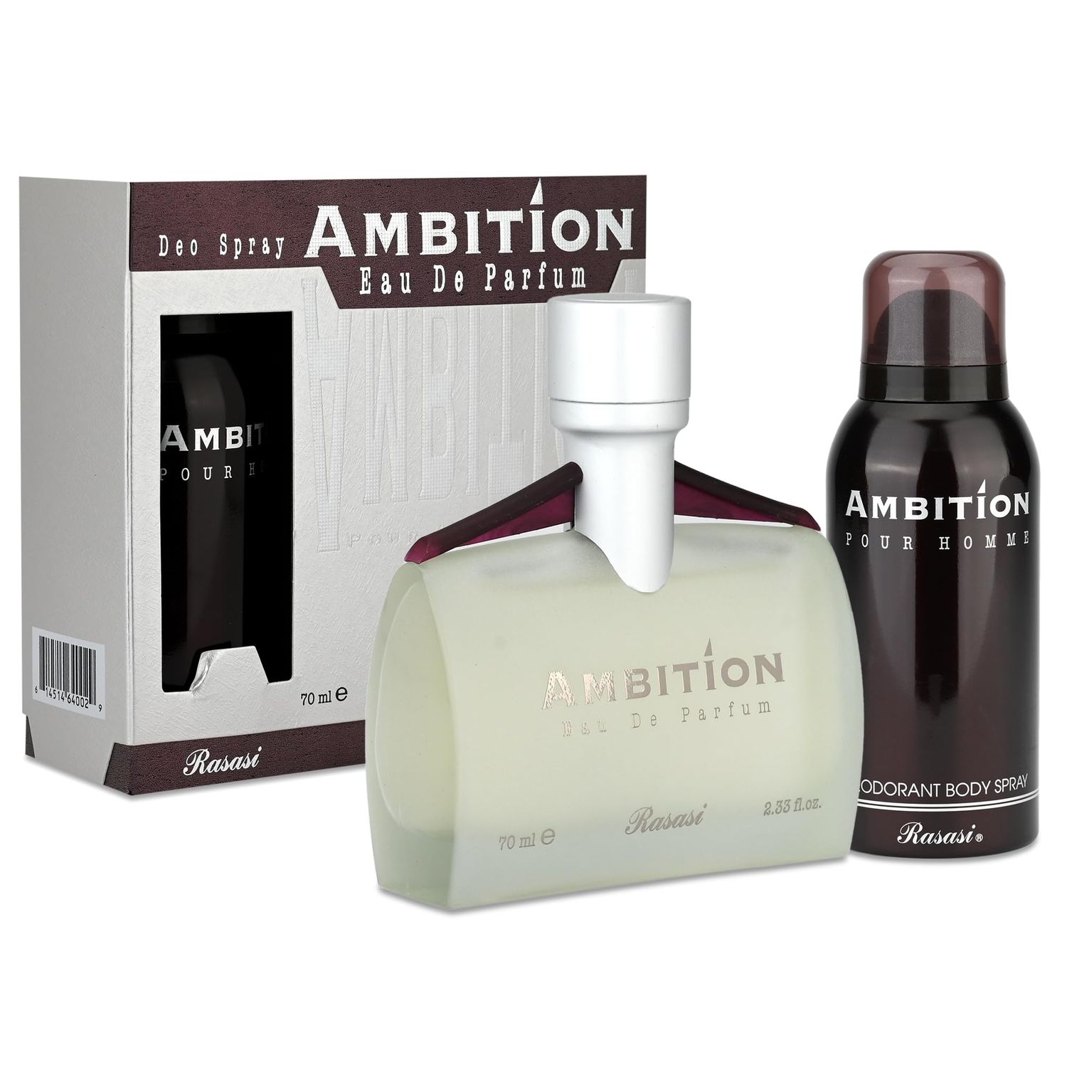 Rasasi Ambition 2-Piece Set for Men, (2.3 Oz Eau De Parfum Spray 5.0 Oz Deodorant Body Spr)