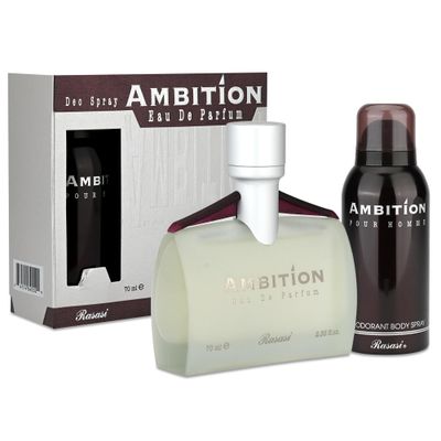 Rasasi Ambition 2-Piece Set for Men, (2.3 Oz Eau De Parfum Spray 5.0 Oz Deodorant Body Spr)