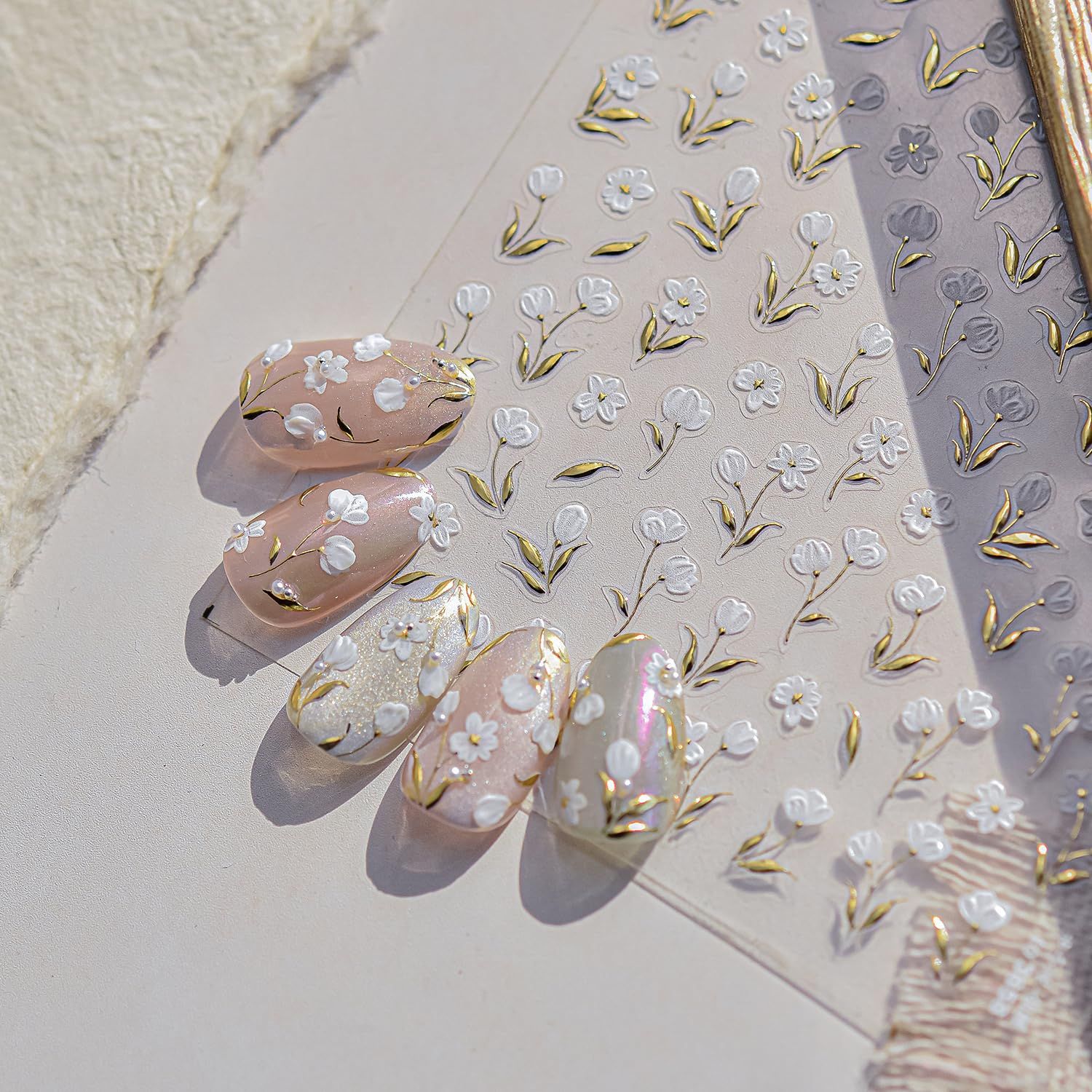 1 Sheets White Small Flower Nail Art Stickers Spring Nail Stickers for Nail Art Self-Adhesive Embossed Floral Nail Decals Gold Leaf Nail Design Decals for Women Manicure Decorations Supplies