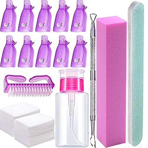 Nail Polish Remover Tools Kit - 500 Pcs Polish Remover Cotton Pads, 10 Pcs Purple Polish Remover Clips Caps, 1pc Nail Polish Remover Bottle, 1pc Cuticle Pusher, 1pc Nail Brush, 100/180 Grit Nail Fi...