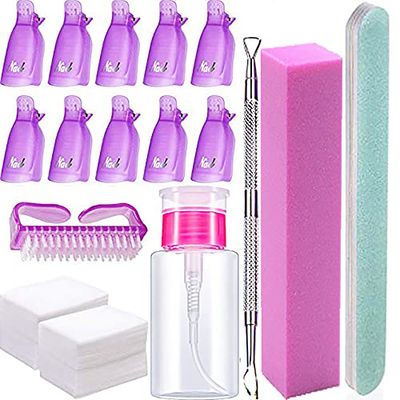 Nail Polish Remover Tools Kit - 500 Pcs Polish Remover Cotton Pads, 10 Pcs Purple Polish Remover Clips Caps, 1pc Nail Polish Remover Bottle, 1pc Cuticle Pusher, 1pc Nail Brush, 100/180 Grit Nail Fi...