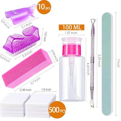 Nail Polish Remover Tools Kit - 500 Pcs Polish Remover Cotton Pads, 10 Pcs Purple Polish Remover Clips Caps, 1pc Nail Polish Remover Bottle, 1pc Cuticle Pusher, 1pc Nail Brush, 100/180 Grit Nail Fi...