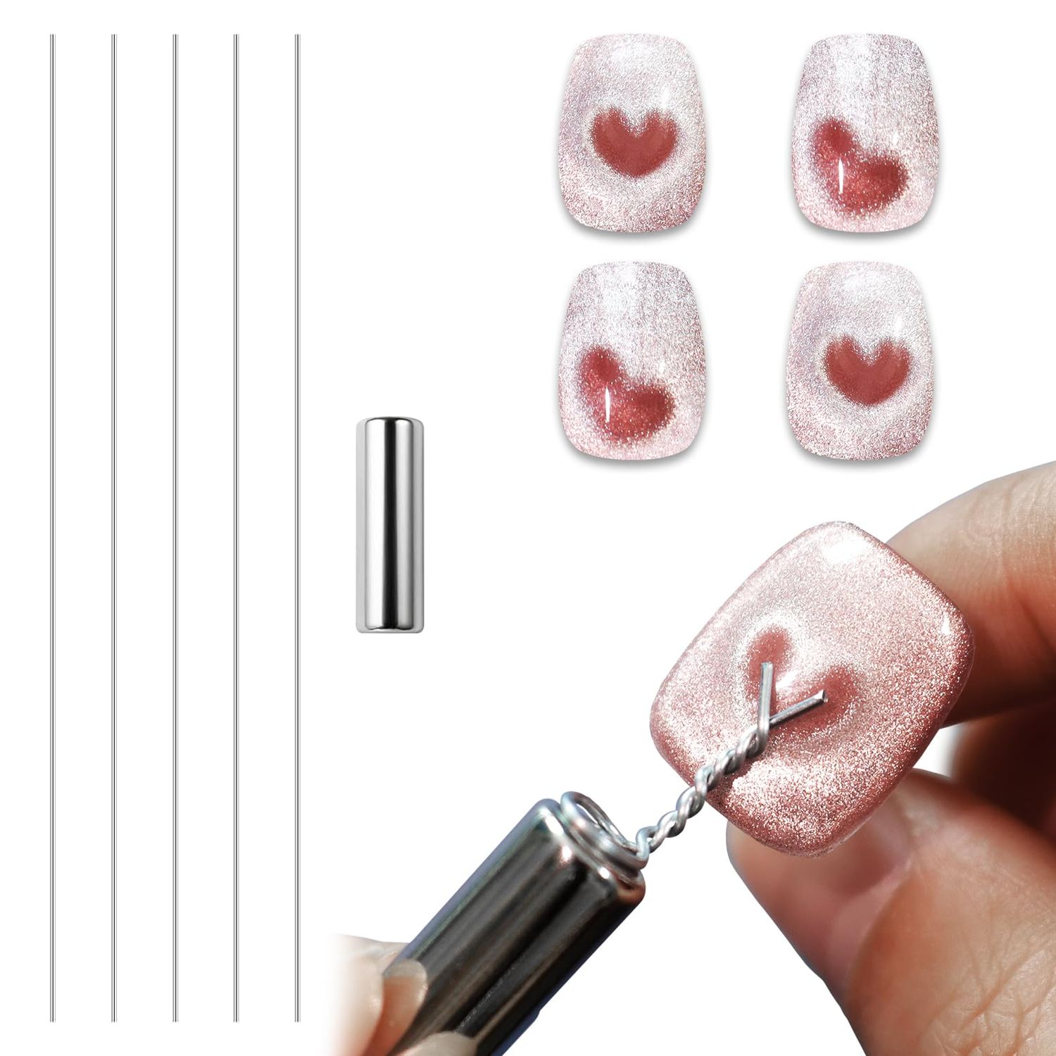 Allstarry Heart Magnet for Nails, Cat Eye Magnet For Nails 5 Wires with Cylindrical Magnet for Cat Eye Gel Polish Set Flexible DIY Nail Magnet Cat Eye Tool for Heart Cat Eye Nail Art Salon or Home