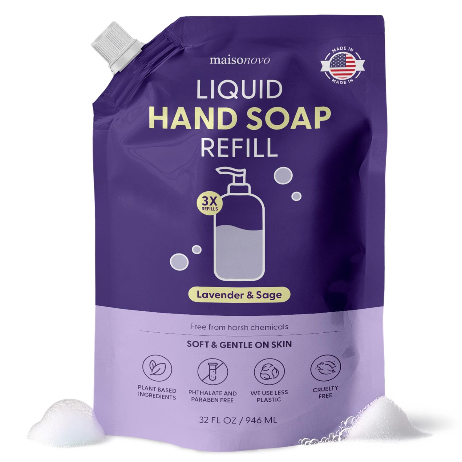 MAISONOVO Hand Soap Refills - Liquid Hand Soap Refill Made in USA - Gentle &amp; Natural - Non Toxic Hand Refill - Good for All Skin Types - Lavender Hand Refill - Pouch 32 oz