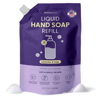 MAISONOVO Hand Soap Refills - Liquid Hand Soap Refill Made in USA - Gentle &amp; Natural - Non Toxic Hand Refill - Good for All Skin Types - Lavender Hand Refill - Pouch 32 oz