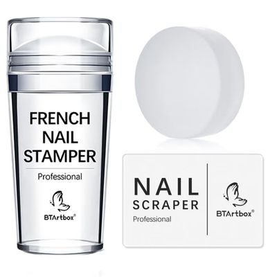 BTArtbox French Nail Stamper - French Tip Nail Tools with Nail Scraper and Replaceable Stamper Head, 100-Time Using Silicone Nail Stamper Kit for Gel Nail Polish DIY Nail Art Tools