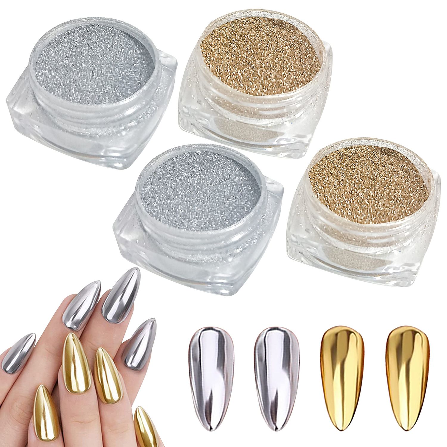 BPrettier Gold &amp; Silver Chrome Nail Powder - 4 Jar Mermaid Glitter Art Mirror Effect Shimmery Aurora Powder for Women Girls Gifts