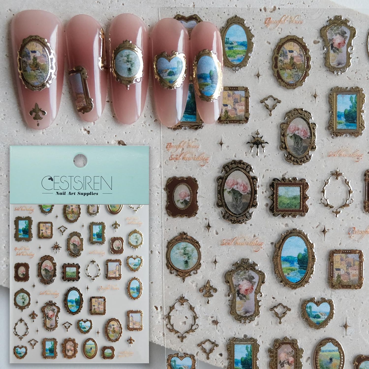 CESTSIREN Golden Frame Nail Art Stickers, Self-Adhesive Vintage Nail Decals Womens Nail Accessories