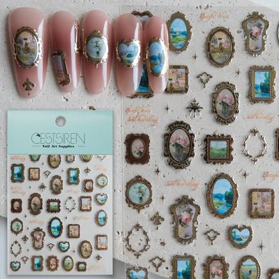 CESTSIREN Golden Frame Nail Art Stickers, Self-Adhesive Vintage Nail Decals Womens Nail Accessories