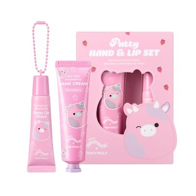 TONYMOLY x Squishmallow Patty the Cow 2 PC Hand Cream &amp; Lip Gloss Set, Strawberry Hand Cream, Strawberry Shortcake Lip Gloss