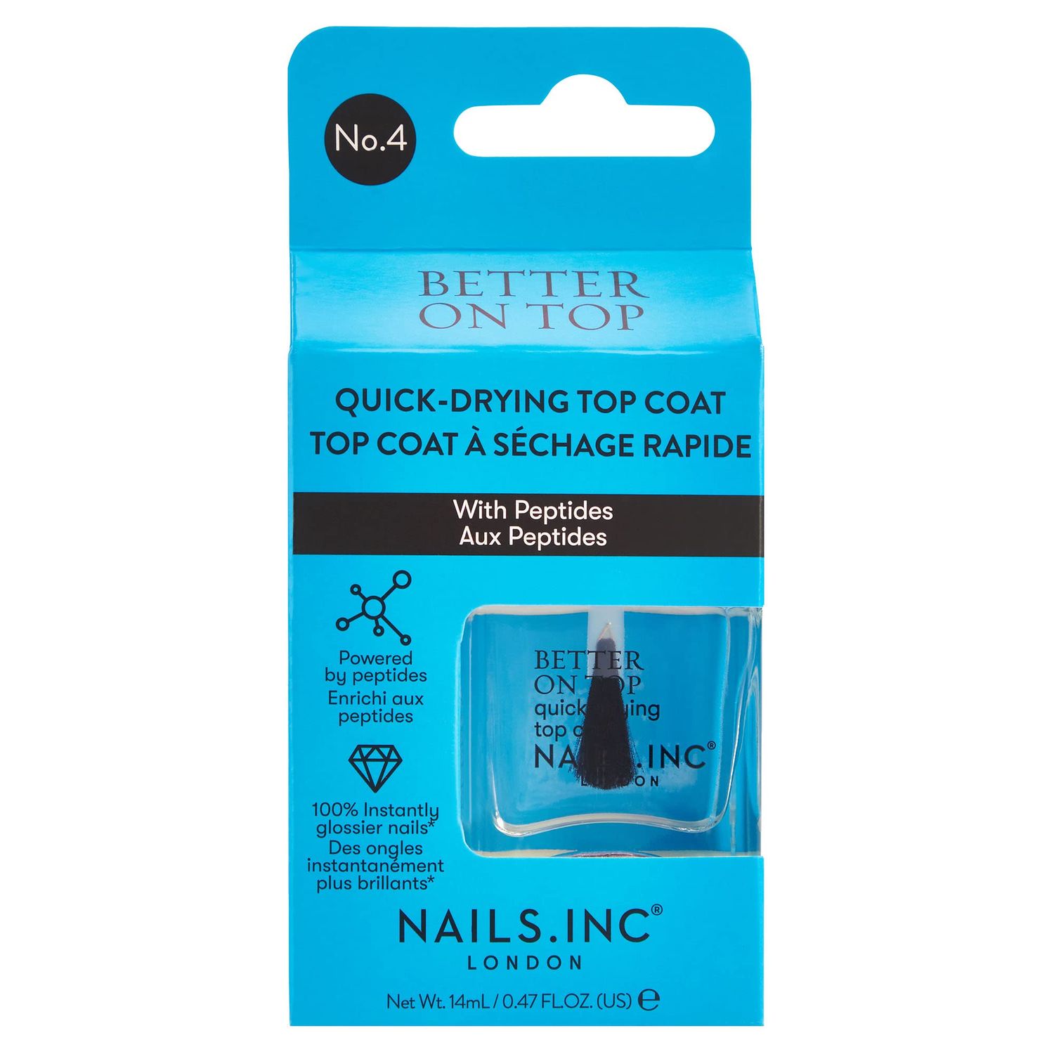 Nails Inc Better On Top, With Peptides, Glossy, Top Coat, High Shine, No Chip, Long Lasting, Quick Dry, Air Dry, Professional Manicure &amp; Pedicure, Fingernails &amp; Toenails, Vegan Nail Polish, 0.47 Fl Oz