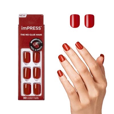 KISS imPRESS No Glue Mani Press On Nails, Color, Reddy or Not, Red, Short Size, Squoval Shape, Includes 30 Nails, Prep Pad, Instructions Sheet, 1 Manicure Stick, 1 Mini File