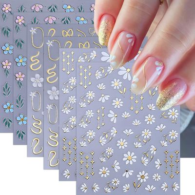 6 Sheets Flower Leaf Nails Stickers Gold White Floral Nail Decals 3D Self-Adhesive Colorful Small Floral Nail Design Leaf Cherry Blossom Bow Manicure Tips Nail Decor Nail Accessories for Women Girls