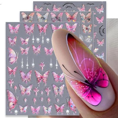 5D Aurora Butterfly Nail Stickers for Women Cartoon Butterfly Stickers for Nails Design 5D Embossed Rose Flower Butterfly Nail Decals for Nail Art Supplies Manicure Decor Sticker Nails Accessories