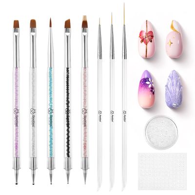 Beetles Nail Art Brushes, 8pcs Double-headed Nail Art Tool Set, Nail Dotting Tools, Striping Nail Art Brushes for Lines, Nail Drawing Pen with Bow knot Stickers Gift for Women