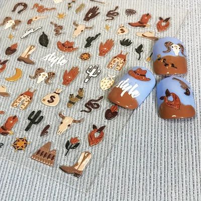 Cowboy Nail Art Stickers - Western Style Nail Decals with 5D Embossed Designs - Retro Cowboy Hat, Boots, Cactus &amp; Snake Nail Decoration