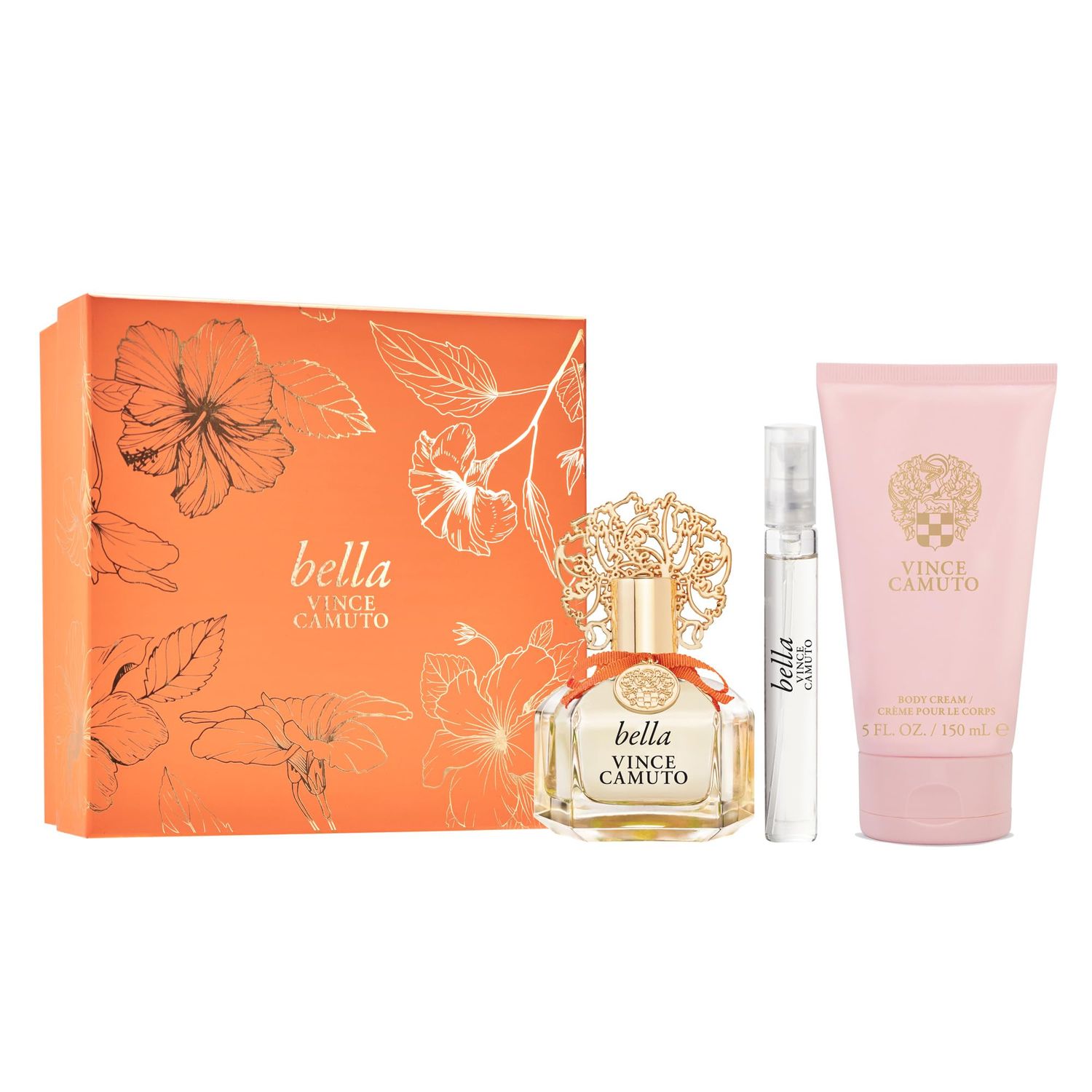 Vince Camuto Bella 3 PC Gift Set for Women, Floral and Fruity Scent, Stocking Stuffer, Christmas Gift for Her, Eau de Parfum 3.4 Fl Oz 0.34 Fl Oz Travel Spray 5 Fl Oz Body Cream