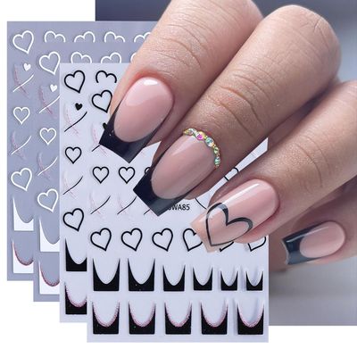 Heart Nail Art Stickers - French Lines Nail Decals with Valentines Day Glitter Line Geometric French Love Nail Stickers Nail Supplies DIY Adhesive Sliders Valentines Manicure Art Decor Tip for Women