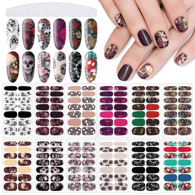 Maitys 168 Pcs 12 Sheets Skull Full Wrap Nail Stickers Nail Polish Strips Decals Gothic Self Adhesive for Women DIY Decoration(Skeleton Style)