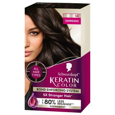 Schwarzkopf Keratin Color Permanent Hair Color, 3.0 Espresso, 1 Application - Professionally Inspired Permanent Hair Dye, for up to 80 Less Breakage vs Untreated Hair and up to 100 Gray Coverage