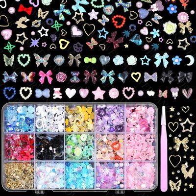 3D Assorted Junk Case Charms for Nails Design, Gold Bow Heart Star Nail Charms Mixed Bows Flowers Butterfly Flowers Heart Hollow Colorful Nail Art Charms for Nail Art DIY Design Crafts