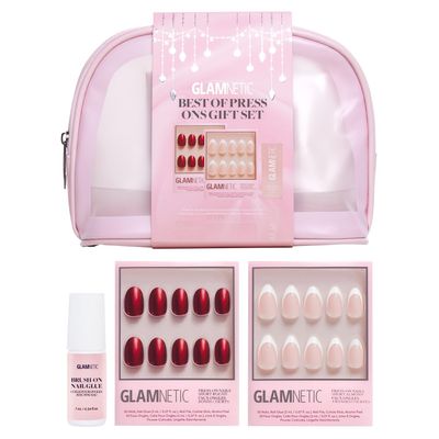 Glamnetic Press On Nails - Fan Faves Press On Gift Set | Two Top-Selling Nails in Cherry Glaze &amp; MaDamn, Brush-On Nail Glue and Travel Pouch Included | Compact, Perfect for Holiday Gifting
