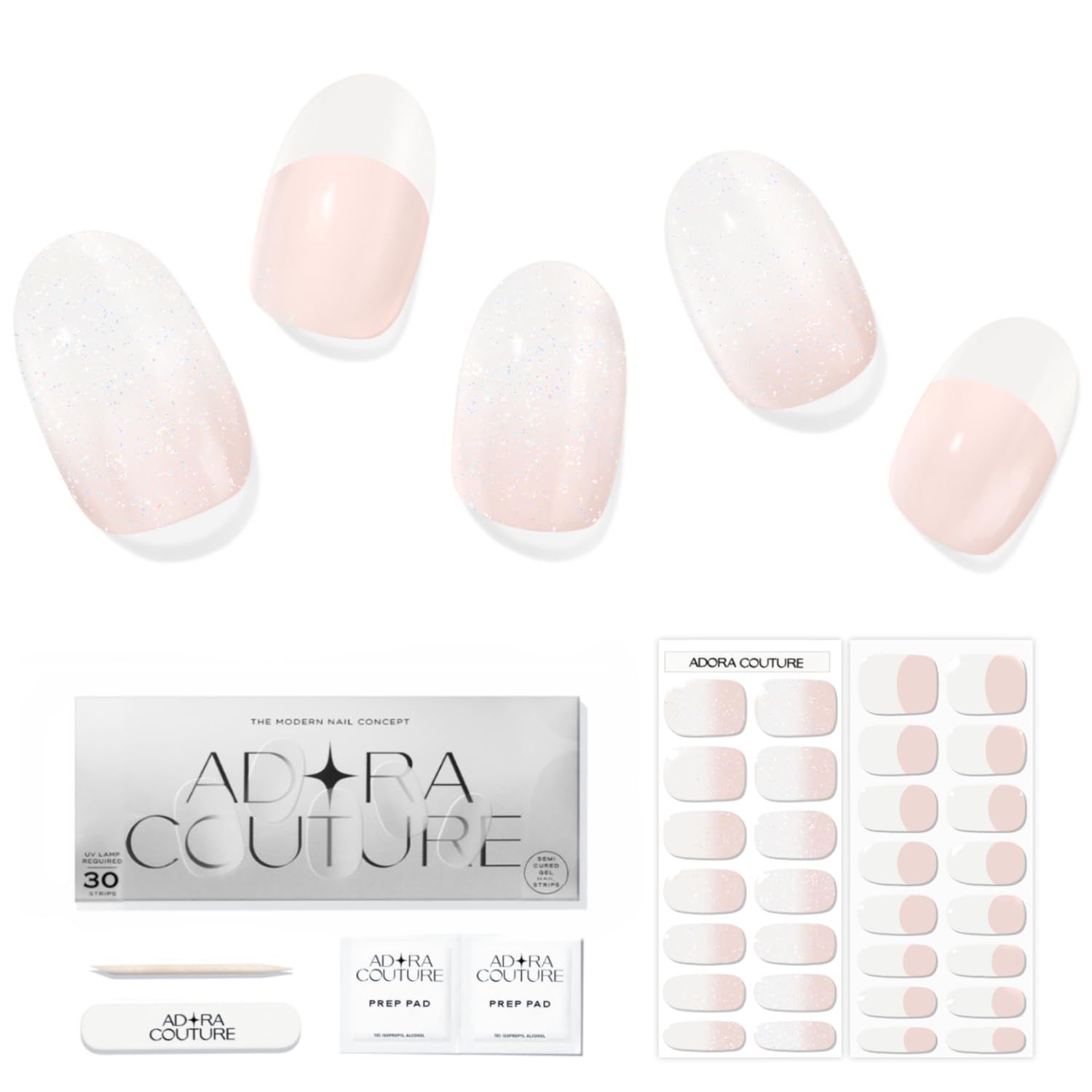 Adora Couture Semi Cured Nail Strips - 20pcs French Manicure with White Tips and Nude Base - Gel Nail Stickers with UV Light (Paris Love)