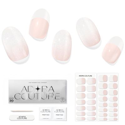 Adora Couture Semi Cured Nail Strips - 20pcs French Manicure with White Tips and Nude Base - Gel Nail Stickers with UV Light (Paris Love)