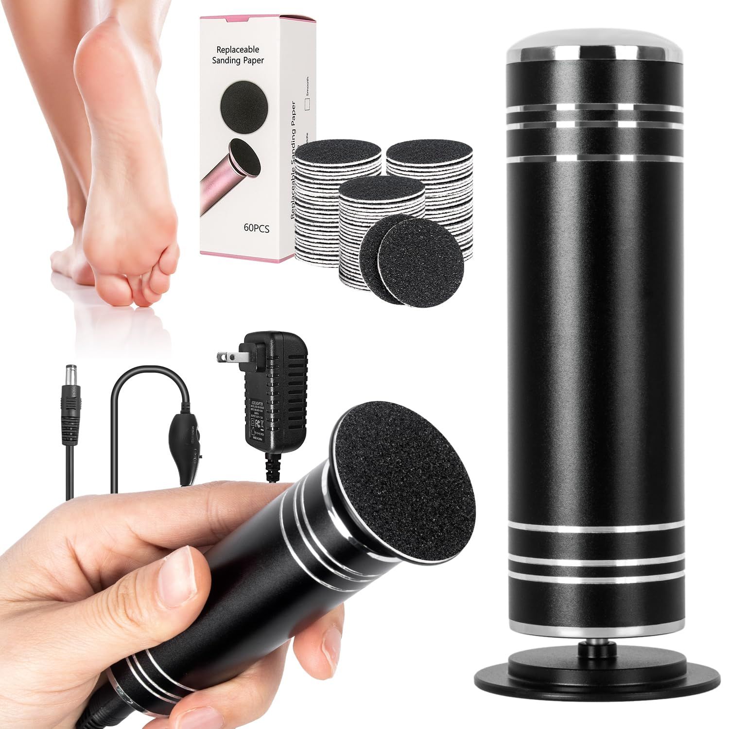 Ranrose Electric Foot Scrubber Dead Skin - Professional Electric Foot Callus Remover Adjustable Speed Plug-in Foot File with 60PCS Replacement Sandpaper Disk