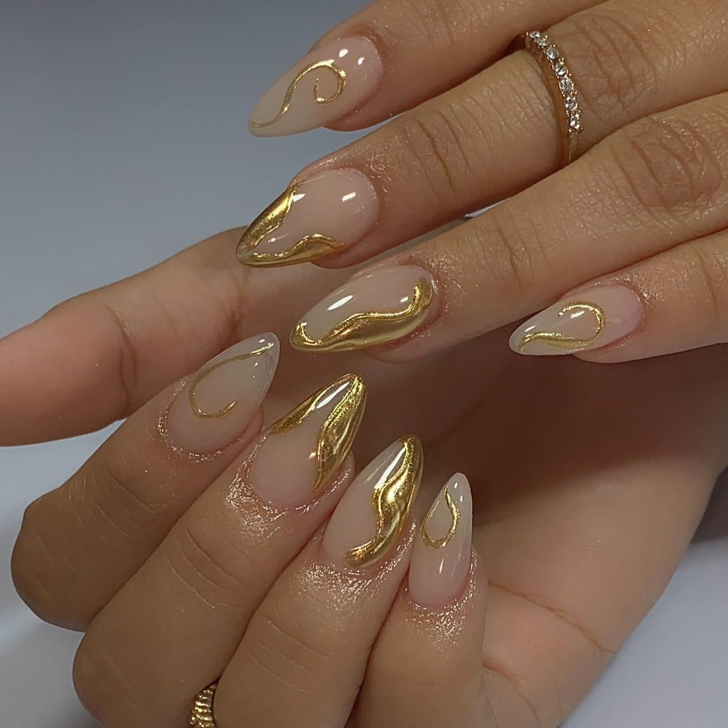 24Pcs Gold French Tip Press on Nails Medium Almond Fake Nails with Designs Reusable Nude False Nails 3D Irregular French Tips Acrylic Nails Gold Line Glue on Nails for Women Girls Manicure Decor