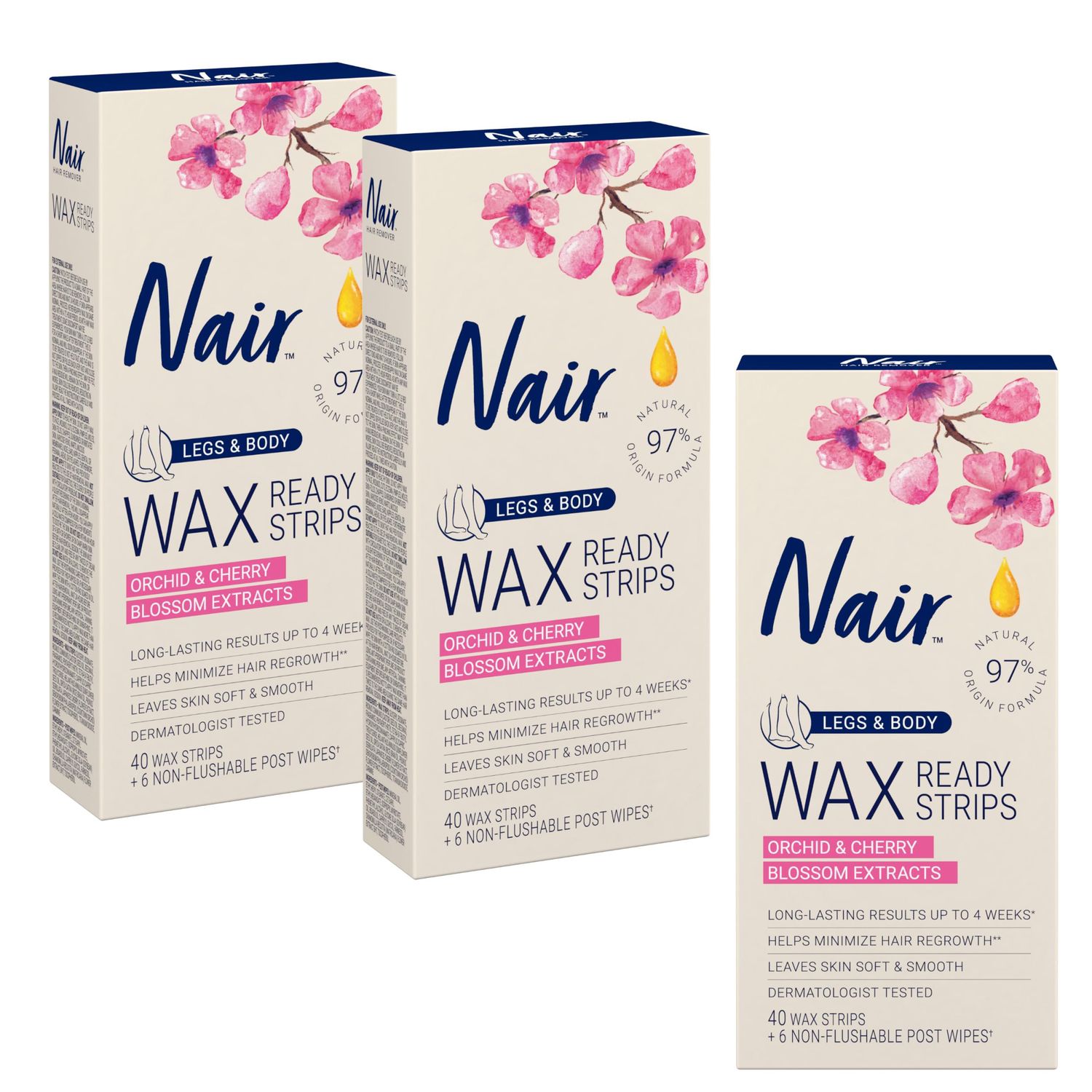 Nair Hair Remover Wax Ready Strips for Legs &amp; Body, No Mess Waxing Kit for Hair Removal, 3-pack Wax Strips, 40ct Each Wax Kit