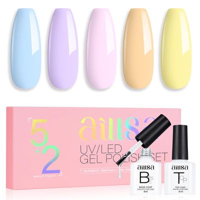 AILLSA Blue Gel Nail Polish Set Baby Blue Pastel Purple Yellow Macaron Gel Polish with Base and Top Coat, Long Lasting Summer Spring Color Soak Off U V L ED Manicure Art Salon DIY at Home 7Pcs 8ML