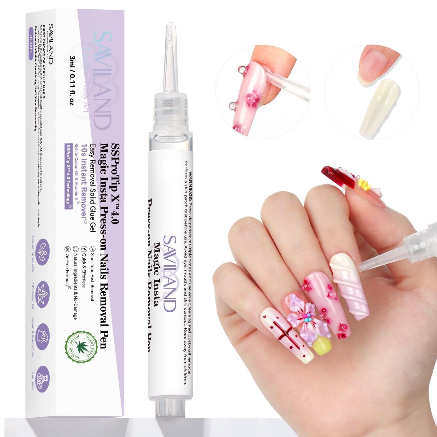 SAVILAND Solid Nail Glue Remover Pen: 10s Quick Press On Nail Remover with Vitamin E Castor Oil Click &amp; Remove Nail Glue Remover for Press on Nails Fake Nails Solid Glue Gel, Alcohol Free Acetone Free