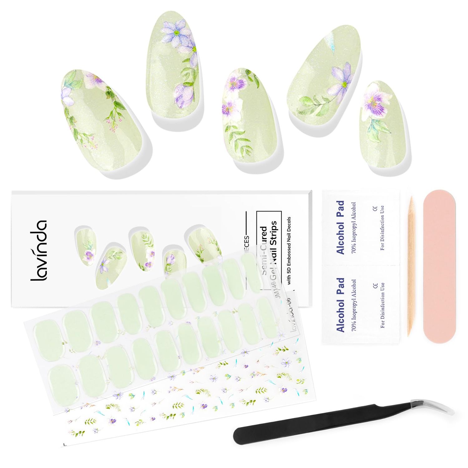 Lavinda Semi-Cured Gel Nail Strips - 20 Pcs Floral &amp; Grass Spring Holiday UV Gel Nail Wraps with 5D DIY Nail Stickers, Long-Lasting, Salon-Quality, Includes Tweezers &amp; Prep Pads