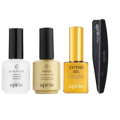 APRS Apres Gel-X Essentials - Extend Gel, pH Bonder, Acid-Free Gel Primer, Curved Nail File 100/180 Grit, Nail Buffer
