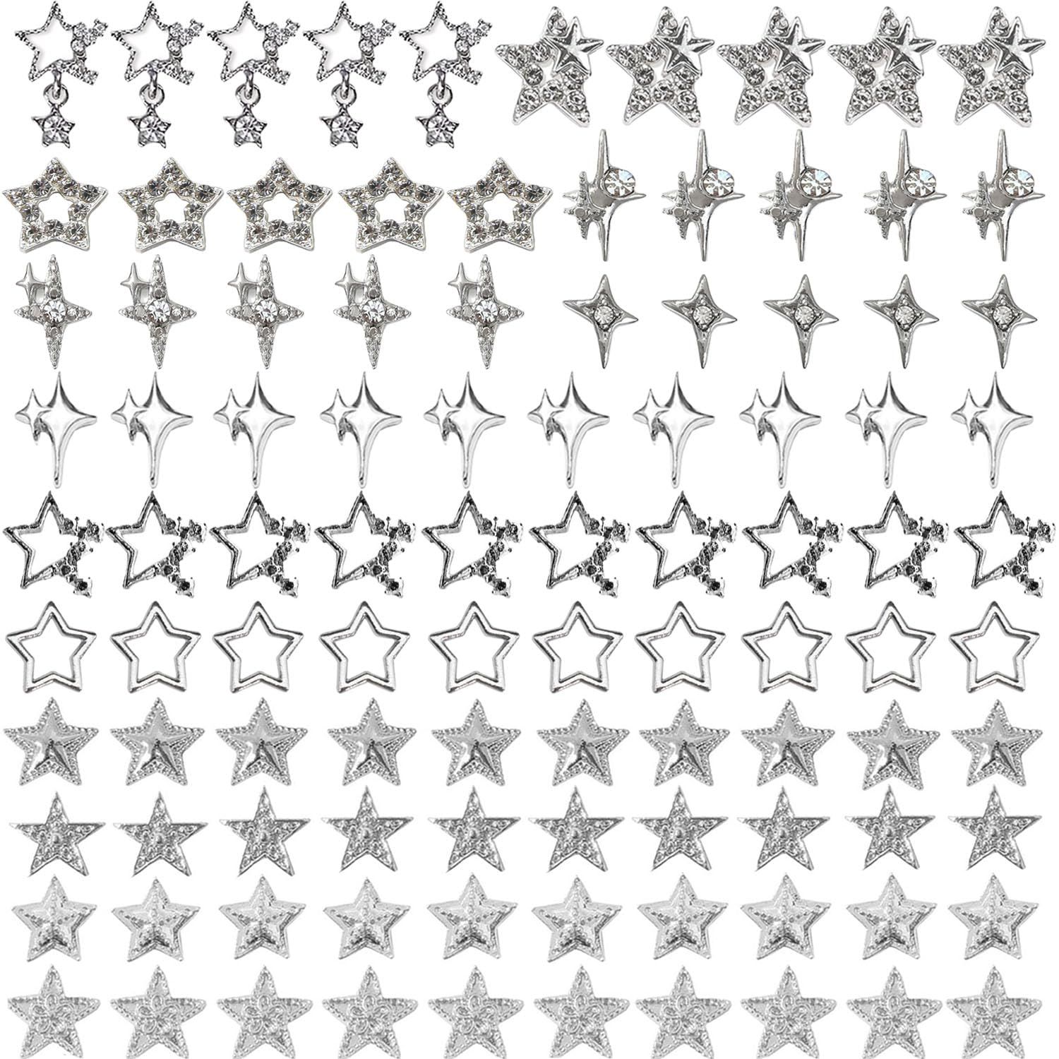 100pcs Star Charms for Nails Star Nail Charms Star Charms Y2K Nail Charms 3D Alloy Nail Stars Nail Rhinestones Nail Charms and Gems for Women and Girls Nail Design(13 Styles)