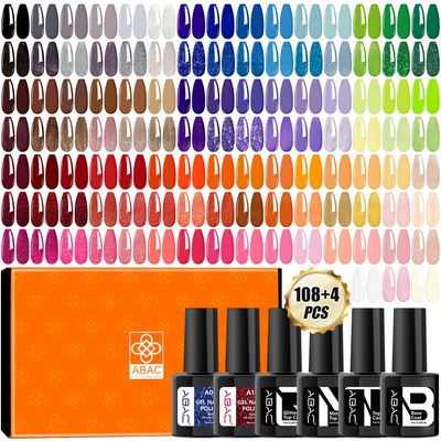 ABAC 112 PCS Hema Free Gel Polish Set w/4 Top&amp;Base Coat Infinite Inspiration All Season 108 Colors Pink Orange Blue Green Red Gel Polish Kit Gift for Women Manicure Lover