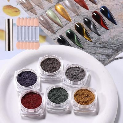 Cat Eye Chrome Powder for Nails 6 Colors Magnetic Cat Eyes Pigment Nail Art Powder Silver Blue Red Pearlescent Metallic Galaxy Glitter with Magnets and Sticks Magic Rubbing Dust for Nails Art