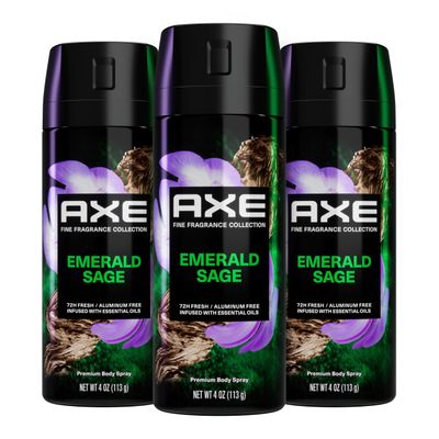 AXE Premium Deodorant Body Spray for Men Green Geranium 3 Count with 72H Odor Protection and Freshness Infused with Geranium, Cedar, and Patchouli Essential Oils 4 oz