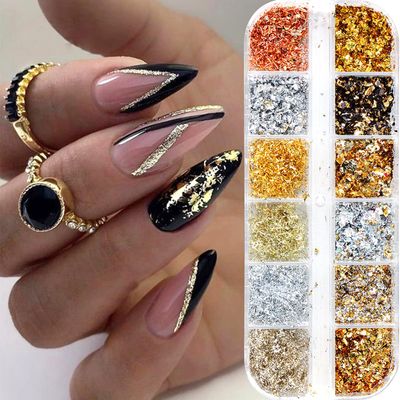 Holographic Nail Glitter Gold Foils for Women Kit -Sparkly Ultra-Thin Aluminum Foil Flake Nail Supplies Irregular Foil Glitter Flakes Design Powder Nail Glitters Sequins DIY Manicure Tip Charms Decor