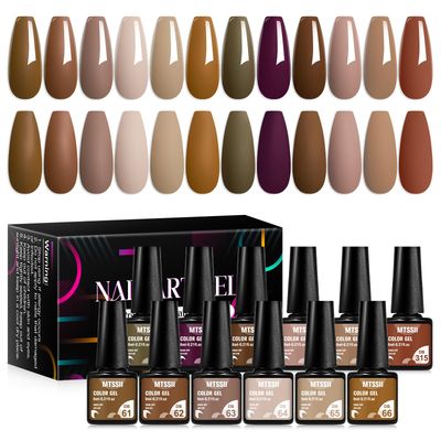 MTSSII 12 Colors Brown Gel Nail Polish Set, Fall Winter Skin Tones Nude Gel Polish Roasted Chestnuts Chocolate Collection Neutral Khaki Gel Nail Kit Nail Art Salon DIY Gift for Women