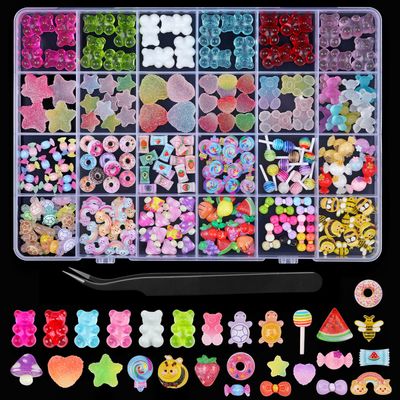 editTime 3D Mix Assorted Color Nail Art Charms Kit, Resin Flower Heart Star Bow Rainbow Candy Bear Bee Fruit Hollow Pearl Nail Decoration with Pickup Tools for Craft DIY (C3-24Grids-cute)
