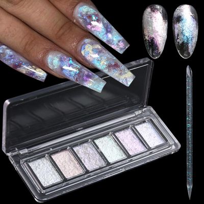 Fcozpjk Iridescent Nail Glitter Set, 6 Colors Mud Texture Aurora Chrome Powder, Pink Blue Pearlescent Glitter, Chameleon Nail Flakes Gold Leaf, Holographic Manicure Decor