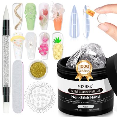 MIZHSE 100g Solid Builder Gel for Nails, Large Capacity Clear 3D Sculpting Gel for Nails, Non-sticky Hand Building Carving Modeling Hard Nail Extension with Silicone 3D Mold Nail Art Salon