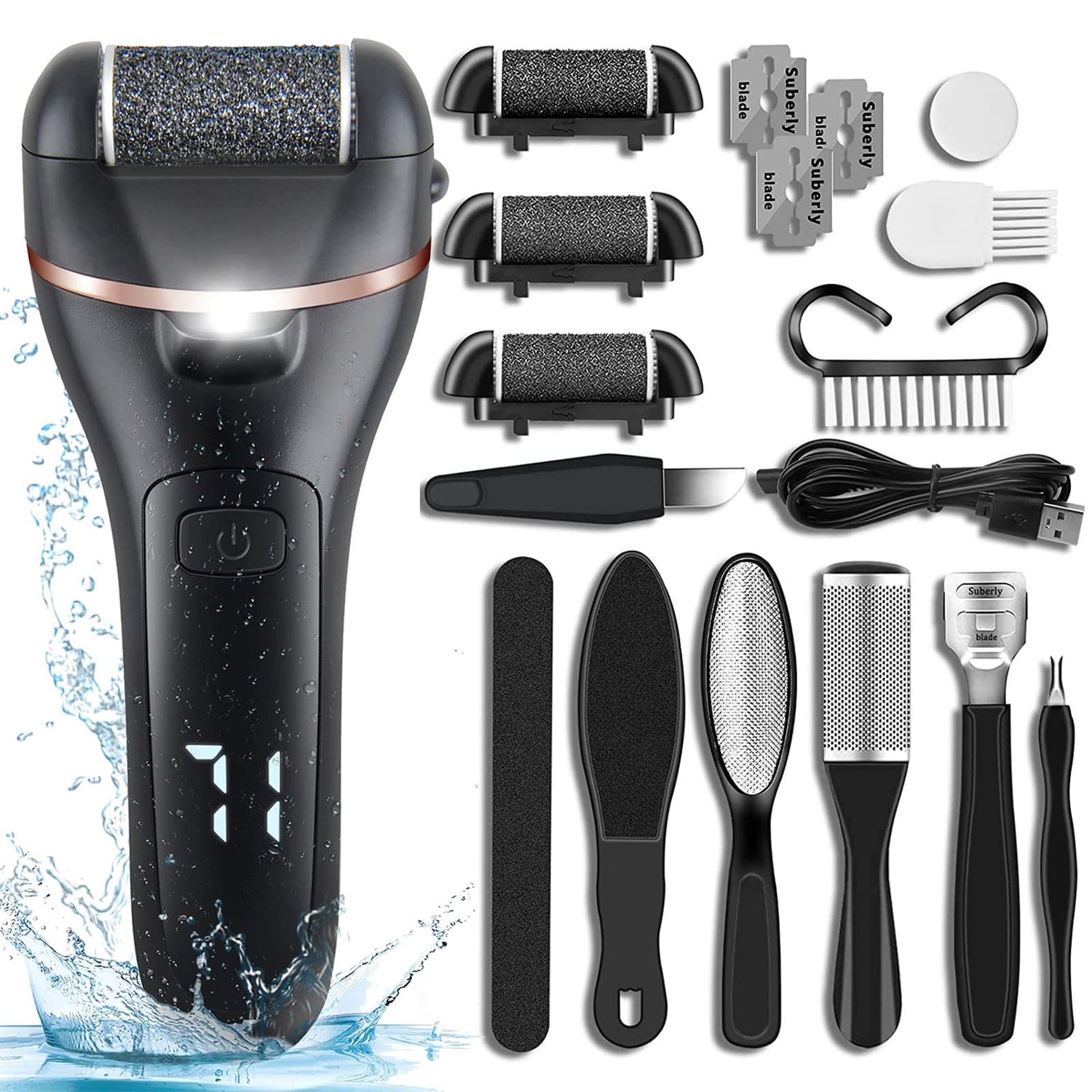 VACTO Electric Foot Callus Remover 14-in-1 Rechargeable Foot File Pedicure Kit Foot Care Tools with 3 Rollers 2 Speed LED Battery Display, Foot Scrubber Kits for Cracked Heels Callus