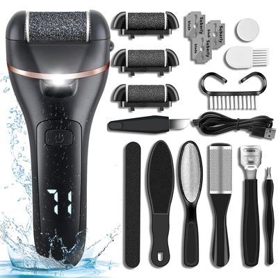 VACTO Electric Foot Callus Remover 14-in-1 Rechargeable Foot File Pedicure Kit Foot Care Tools with 3 Rollers 2 Speed LED Battery Display, Foot Scrubber Kits for Cracked Heels Callus