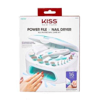 KISS New York Power File X Nail Dryer, Electric Nail File &amp; Nail Dryer System, Includes 12 Attachments, Rechargeable Handle, Cuticle Pusher, A/C Adapter, &amp; Storage Case