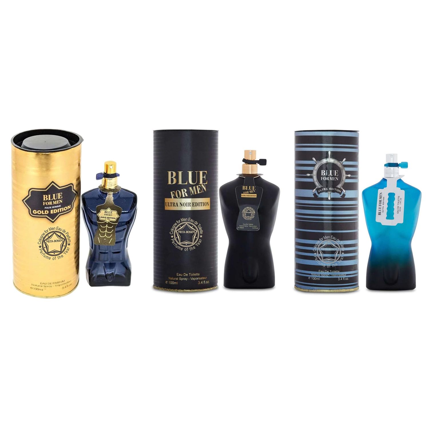 META-BOSEM 3-Pc Set Cologne Can Type Bottle Collection (Blue for Men Ultra EditionGold EditionUltra Noir), Eau de Toilette Natural Spray - Masculine Scent (Pack of 3) Each 3.4 Fl Oz, Total 10.2 Oz