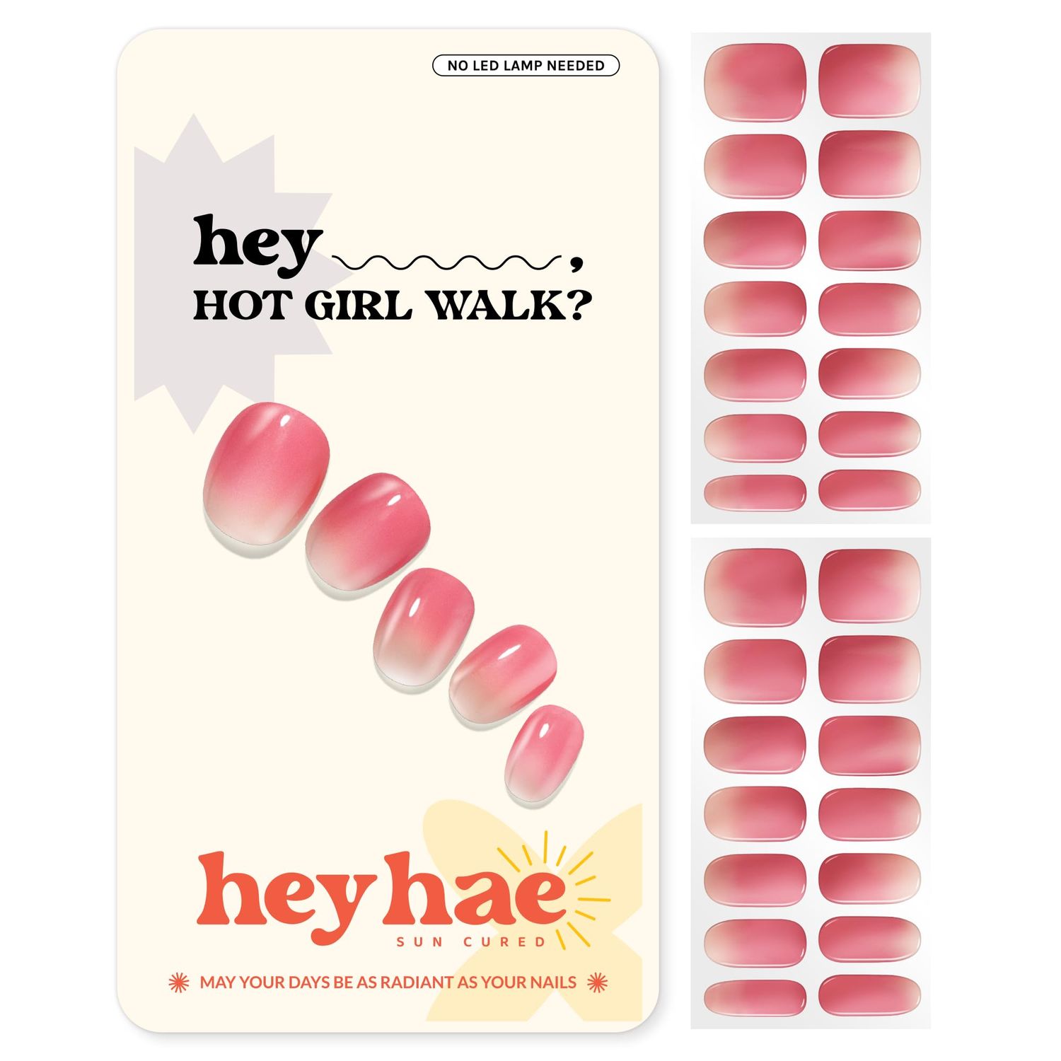 Heyhae Semi Cured Gel Nail Strips | No LED Lamp Needed | Ombre, Pink, Spring | Easy Apply &amp; Remove, Salon Quality | Includes 28 Strips, 1 Prep Pads, Nail File &amp; Wooden stick - Hey, Hot Girl Walk?