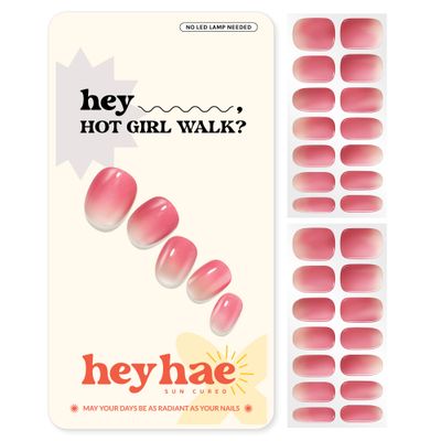 Heyhae Semi Cured Gel Nail Strips | No LED Lamp Needed | Ombre, Pink, Spring | Easy Apply &amp; Remove, Salon Quality | Includes 28 Strips, 1 Prep Pads, Nail File &amp; Wooden stick - Hey, Hot Girl Walk?